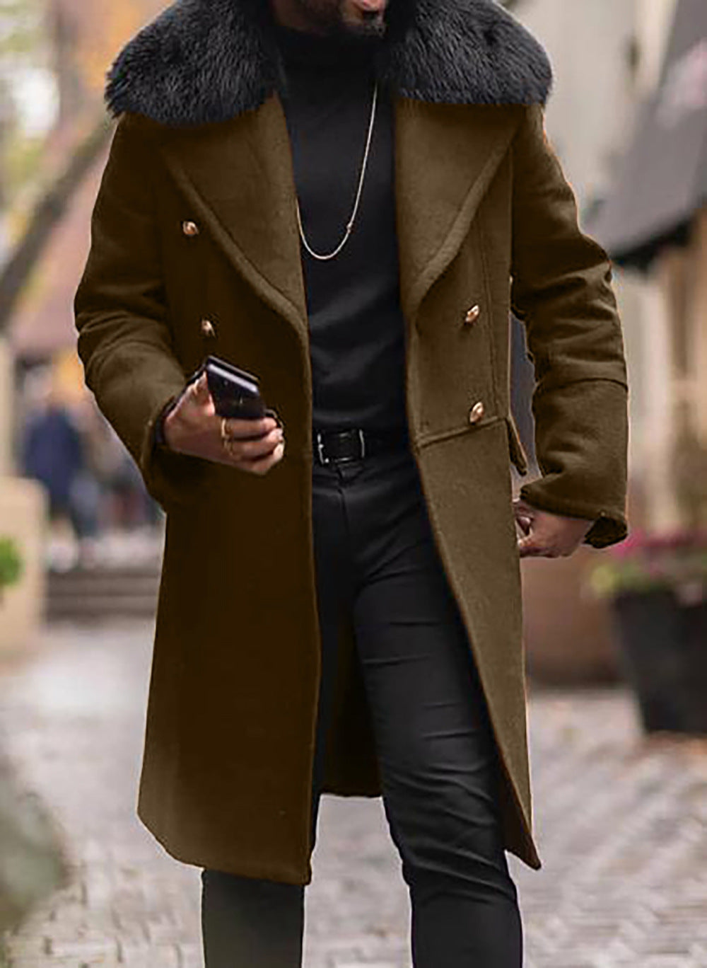 Herren Doppelreihiger Wollmantel mit großem Kunstfellkragen Shop Nory