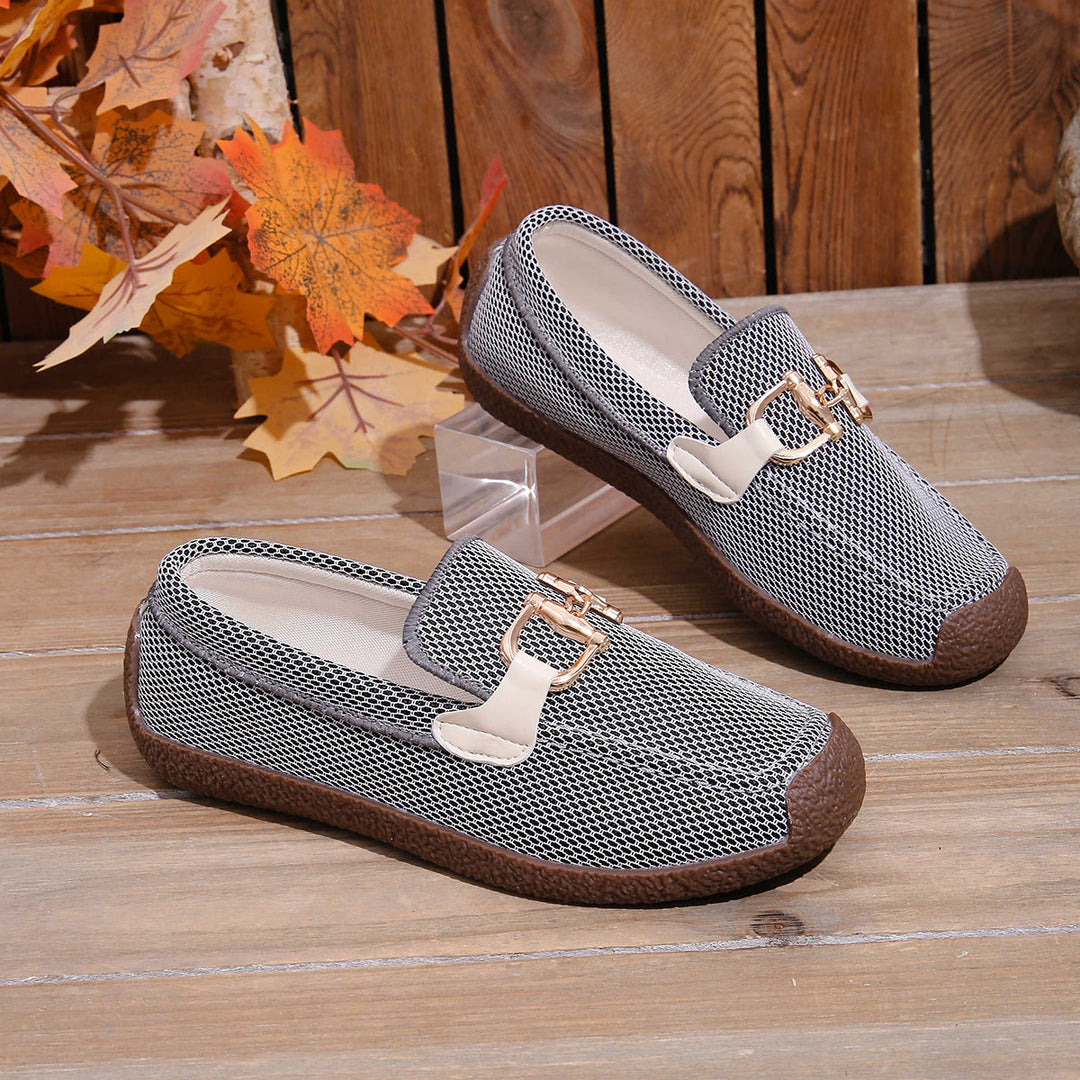 Damen leichte Slip-On Mokassins mit atmungsaktivem Mesh-Obermaterial und modischer Schnallenverzierung