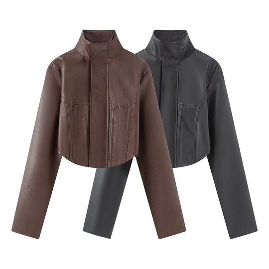 Damen Gekürzte Kunstleder-Jacke mit Stehkragen und taillierten Teilungsnähten Shop Nory
