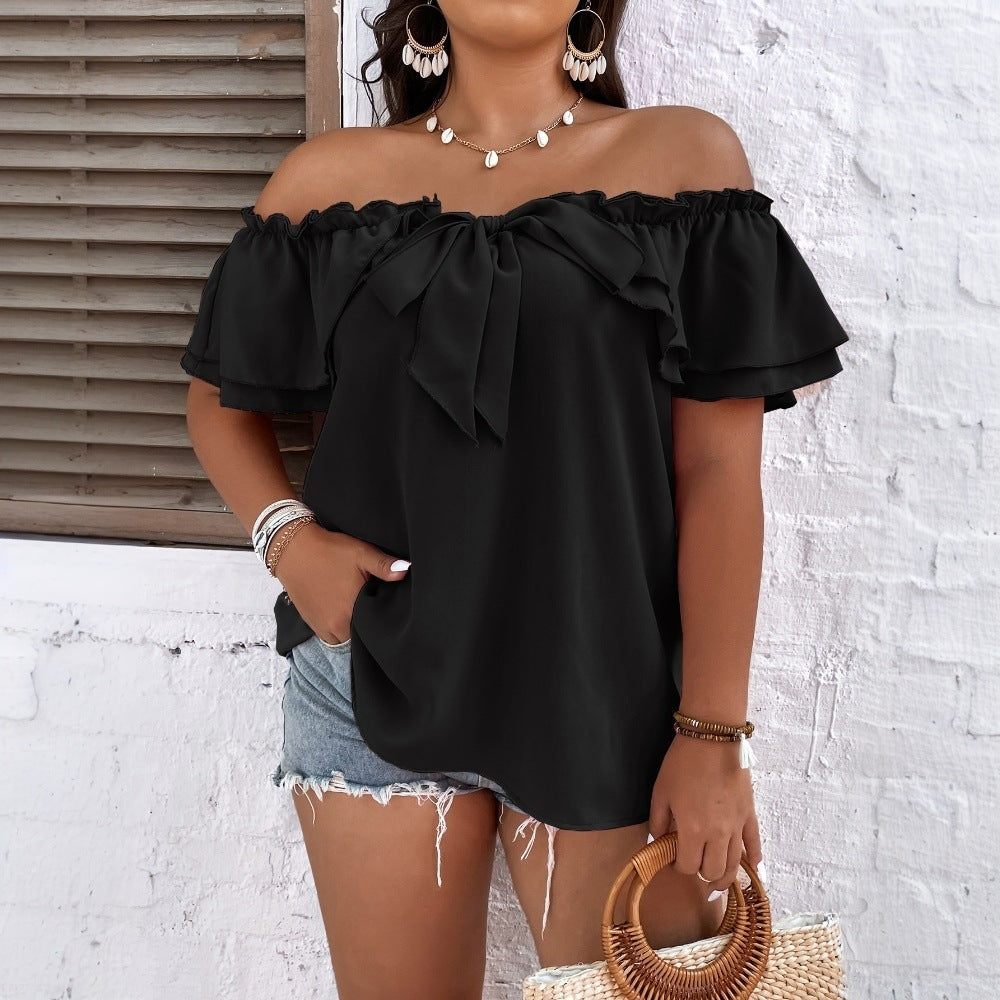 Damen Off-Shoulder Oberteil mit Schleifen-Details und Rüschensäumen