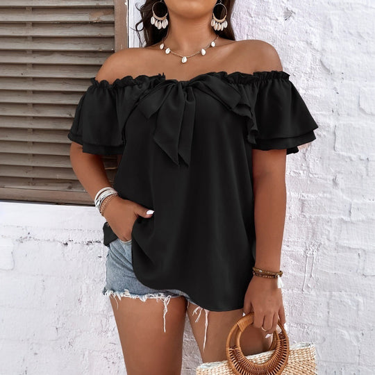 Damen Off-Shoulder Oberteil mit Schleifen-Details und Rüschensäumen