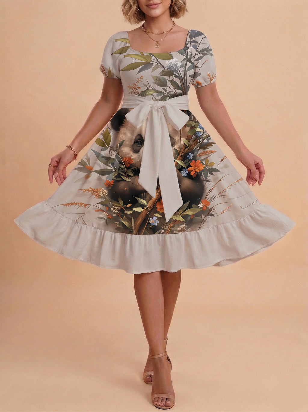 Damen Sommerliches Blumenkleid mit taillierbarem Gürtel und voluminösen Ärmeln