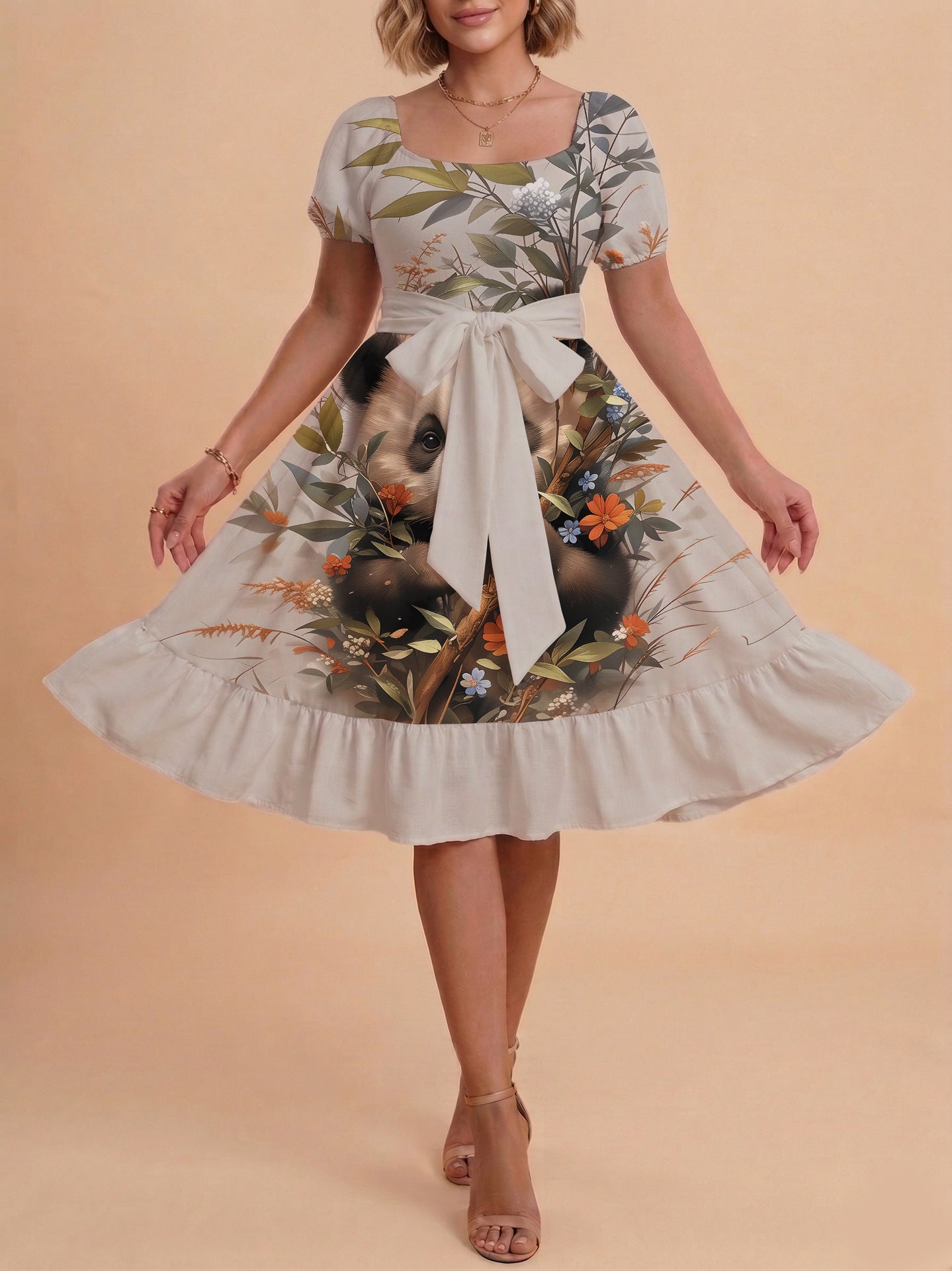 Damen Sommerliches Blumenkleid mit taillierbarem Gürtel und voluminösen Ärmeln