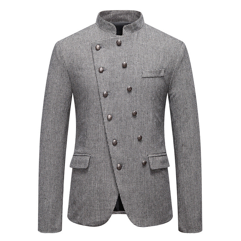 Herren Doppelreihiges Sakko im Military‑Stil mit Stehkragen und feiner Hahnentrittstruktur Shop Nory