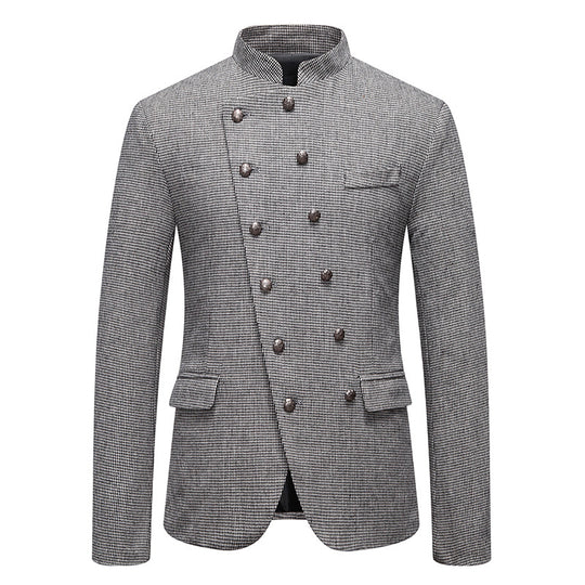 Herren Doppelreihiges Sakko im Military‑Stil mit Stehkragen und feiner Hahnentrittstruktur Shop Nory