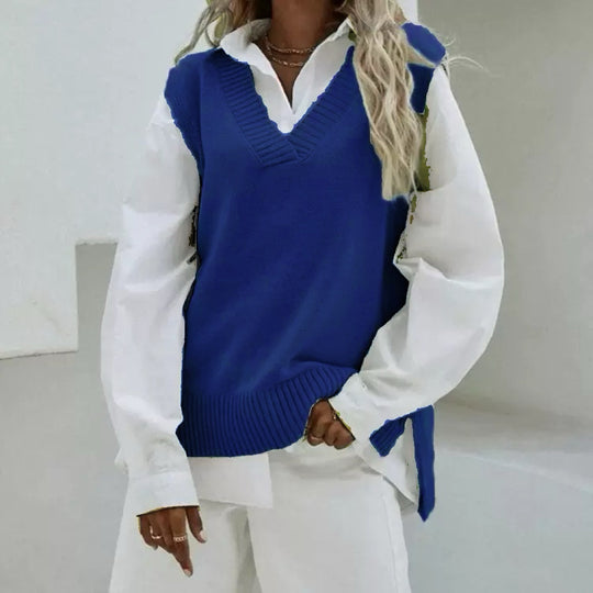Damen Ärmellose Strickweste mit V-Ausschnitt und seitlichen Schlitzen Shop Nory