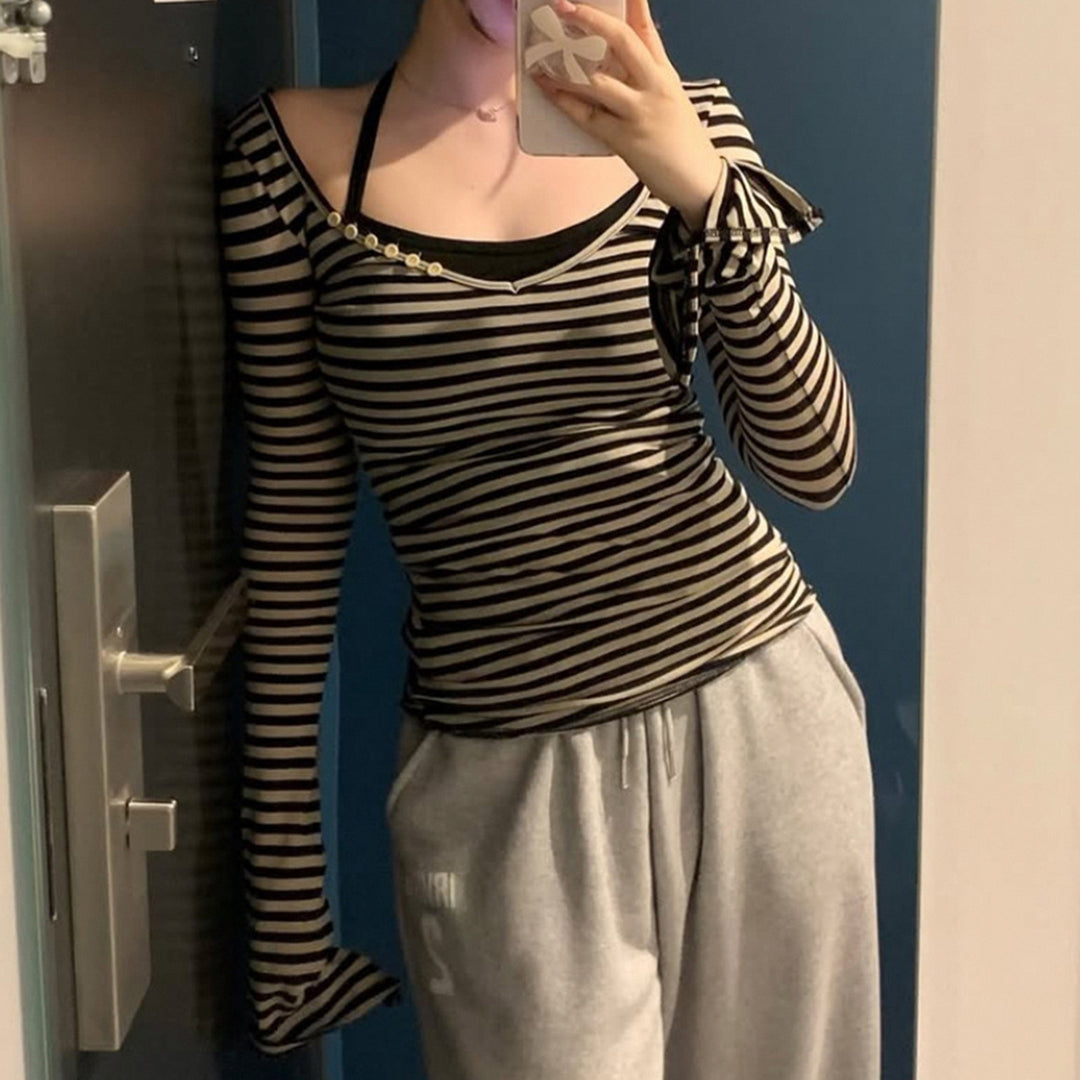 Damen nan gestreiftes Off-Shoulder-Langarmshirt mit diagonaler Zierknopfleiste und figurbetonter Silhouette Shop Nory