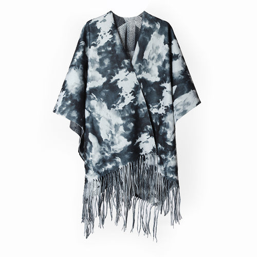 Damen Überwurfponcho im Kimono-Stil mit wolkenartigem Aquarellmuster und Fransensaum Shop Nory