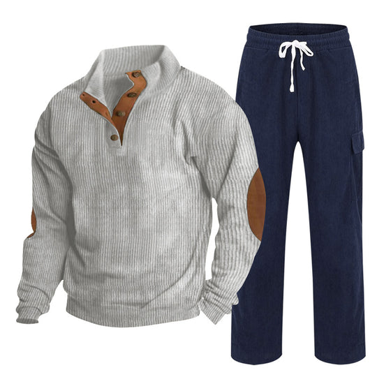 Herren Gemütliches Freizeit-Set aus Waffelstrick-Henley mit Ellenbogenpatch und Relax-Cargo-Hose Shop Nory