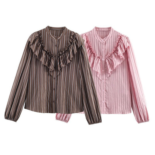 Damen Rüschenbluse mit Stehkragen, feinen Streifen und gerafften Ärmeln Shop Nory