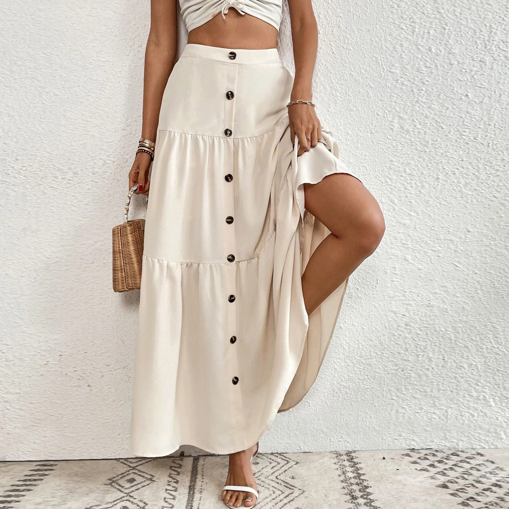 Damen luftiger Stufenmaxirock mit durchgehender Knopfleiste, hoher Taille und seitlichem Beinschlitz Shop Nory