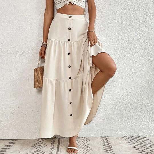Damen luftiger Stufenmaxirock mit durchgehender Knopfleiste, hoher Taille und seitlichem Beinschlitz Shop Nory