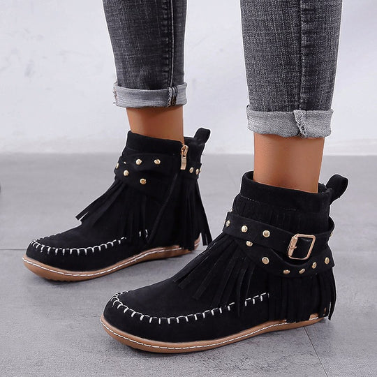 Damen Mokassin-Shortboots mit Fransen, Ziergürtel und handgenähter Mokassinnaht Shop Nory
