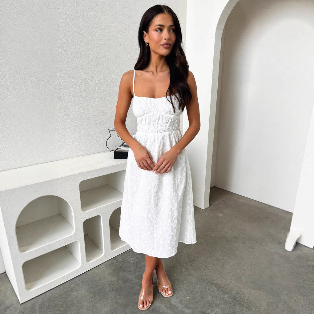 Damen Sommerliches Midi-Kleid mit verstellbaren Spaghettiträgern und Raffung Shopnory