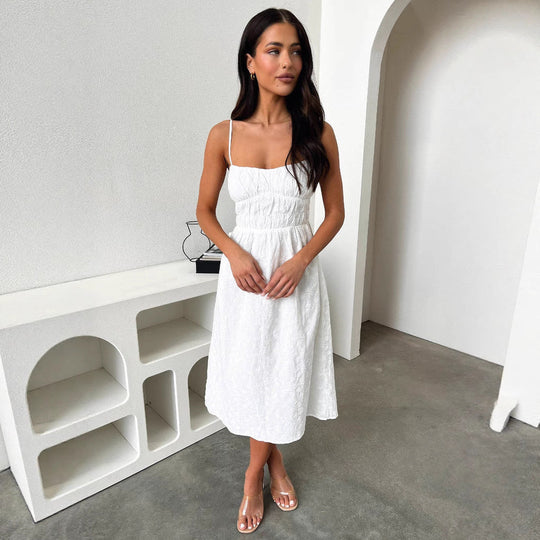 Damen Sommerliches Midi-Kleid mit verstellbaren Spaghettiträgern und Raffung Shopnory