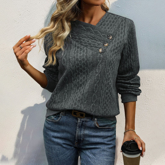 Damen Strukturierter Zopfstrick-Pullover mit asymmetrischer Knopfleiste & Rundhalsausschnitt Shop Nory