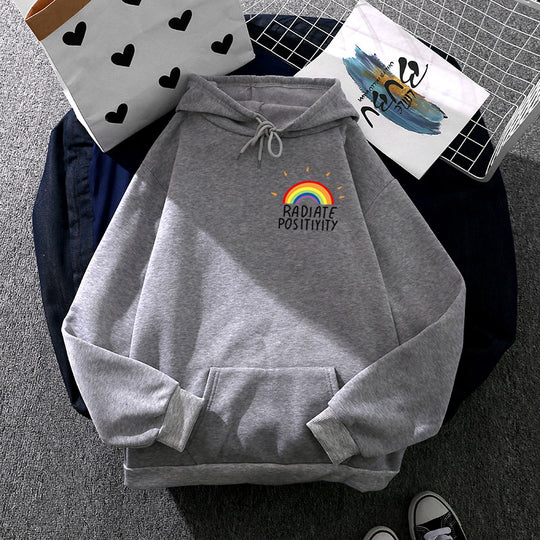 Damen nan lockerer Kapuzenpullover mit Regenbogen-Motiv, weichem Fleecefutter und Kängurutasche Shop Nory
