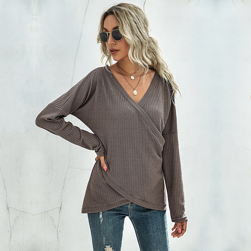 Damen Waffelstrick‑Wickelshirt mit V-Ausschnitt und langer Oversize-Ärmelpassform Shop Nory
