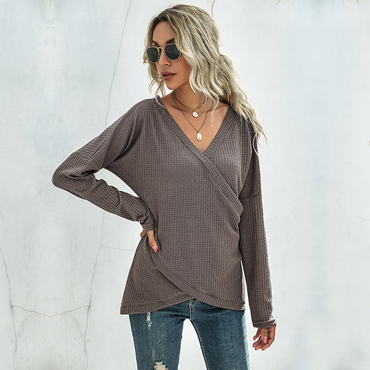 Damen Waffelstrick‑Wickelshirt mit V-Ausschnitt und langer Oversize-Ärmelpassform Shop Nory