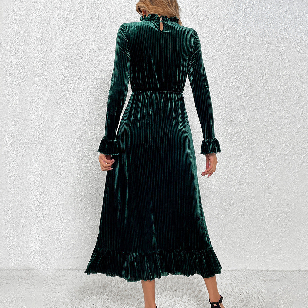 Damen Midikleid aus plissiertem Samt mit Stehkragen geraffter Taille und Volant-Saum Shop Nory