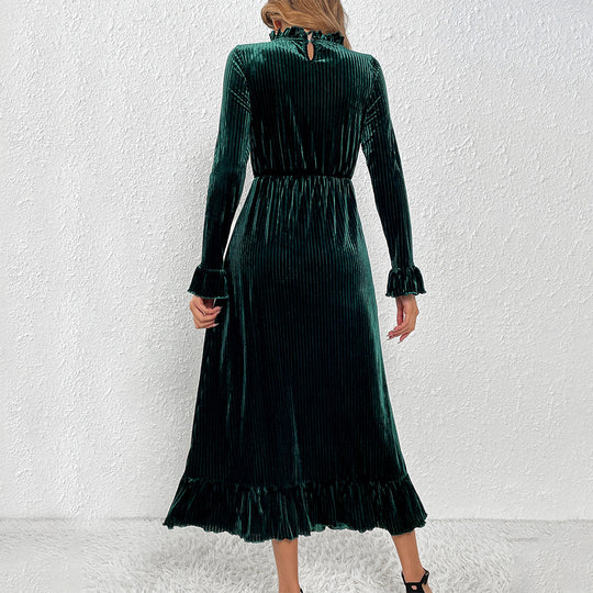 Damen Midikleid aus plissiertem Samt mit Stehkragen geraffter Taille und Volant-Saum Shop Nory