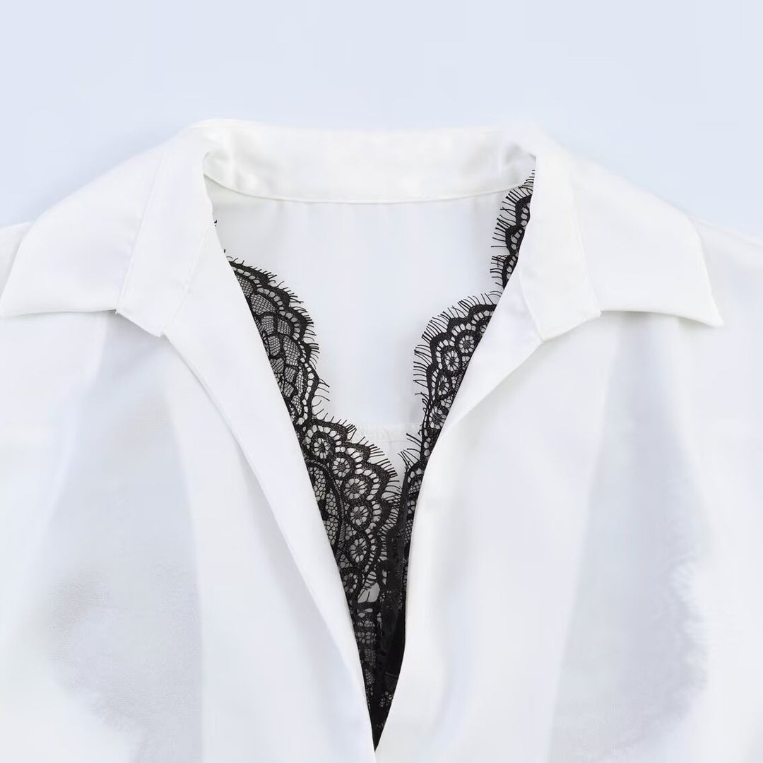 Damen Seidige Oversize-Bluse mit Spitzeneinsatz und Hemdkragen Shop Nory