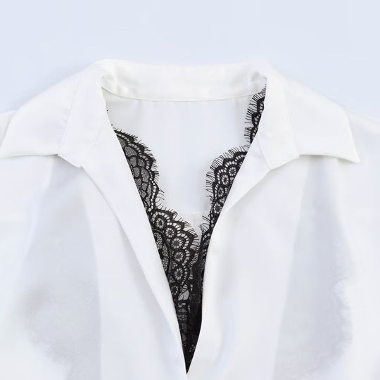 Damen Seidige Oversize-Bluse mit Spitzeneinsatz und Hemdkragen Shop Nory