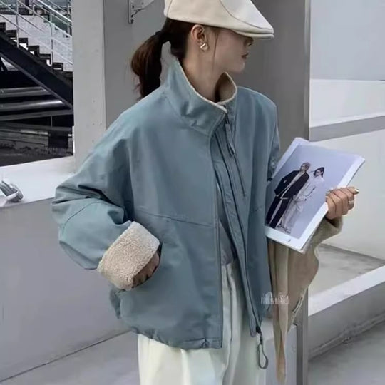 Damen Kurze Oversize Bomberjacke mit Teddyfutter an Bündchen und Stehkragen Shop Nory