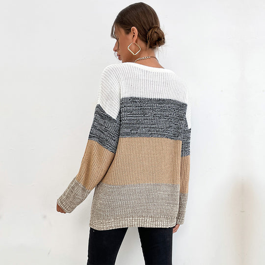Damen Oversize Farbblock Strickpullover mit Rundhalsausschnitt und Rippbündchen Shop Nory