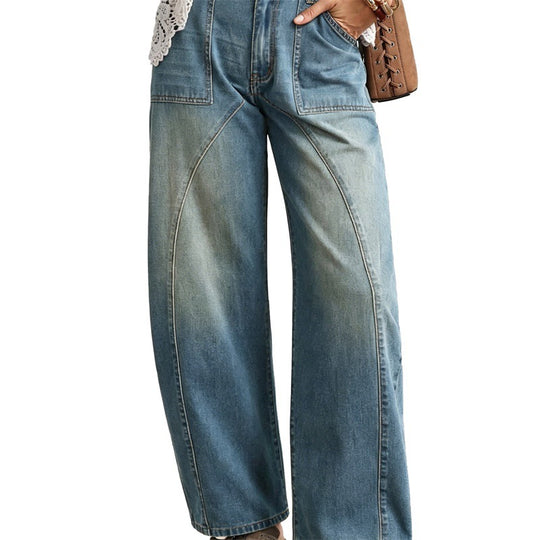 Damen Weite hochgeschnittene Jeans mit geschwungenen Nahtdetails und aufgesetzten Taschen Shop Nory