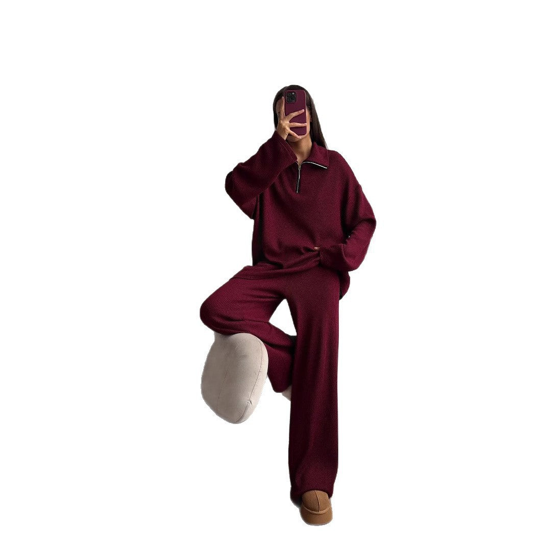 Damen Oversize Strick-Lounge-Set mit halbem Reißverschluss und weitem Bein Shop Nory