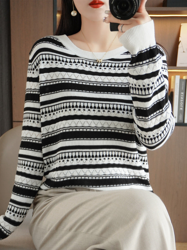 Damen Leichter Rundhals-Feinstrickpullover mit geometrischem Ajourstreifenmuster Shop Nory