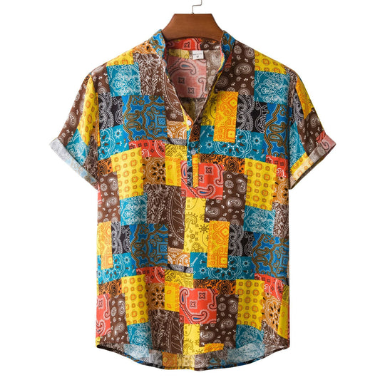 Herren Kurzarmhemd im bunten Patchwork-Design mit Henley-Ausschnitt
