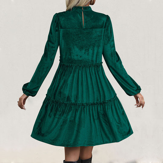 Damen Samtkleid mit Stufenrock, Raffung und Stehkragen Shop Nory