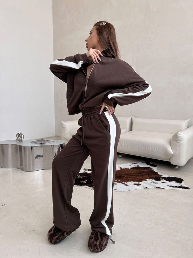 Damen weites Zip-Sweatset mit Kapuze, hohen Bund und seitlichem Kontraststreifen Shop Nory