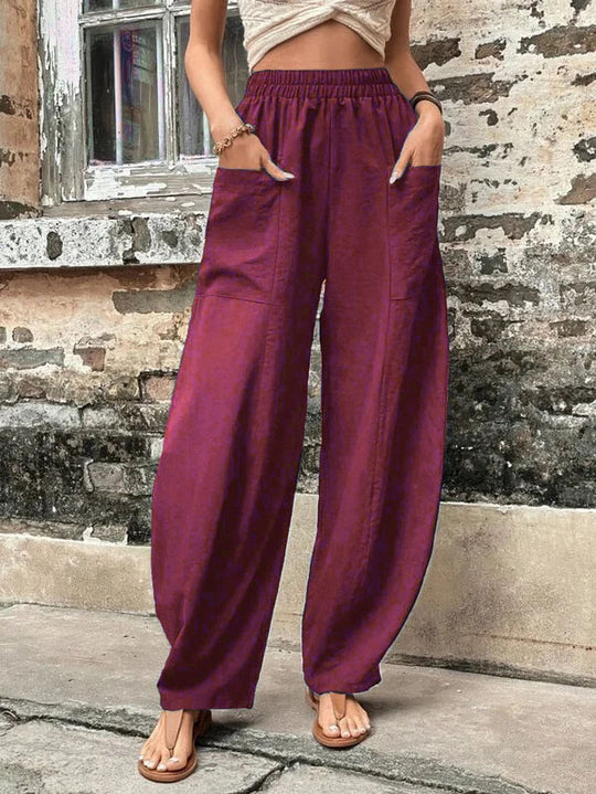 Damen Weite Leinenhose mit elastischem Bund, aufgesetzten Taschen und lässigem Harem-Schnitt Shop Nory