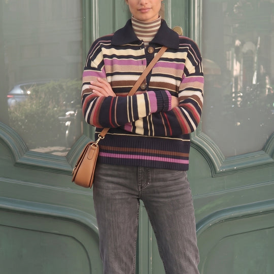 Damen Gestreifter Strickpullover mit Polokragen & Knopfleiste Shop Nory