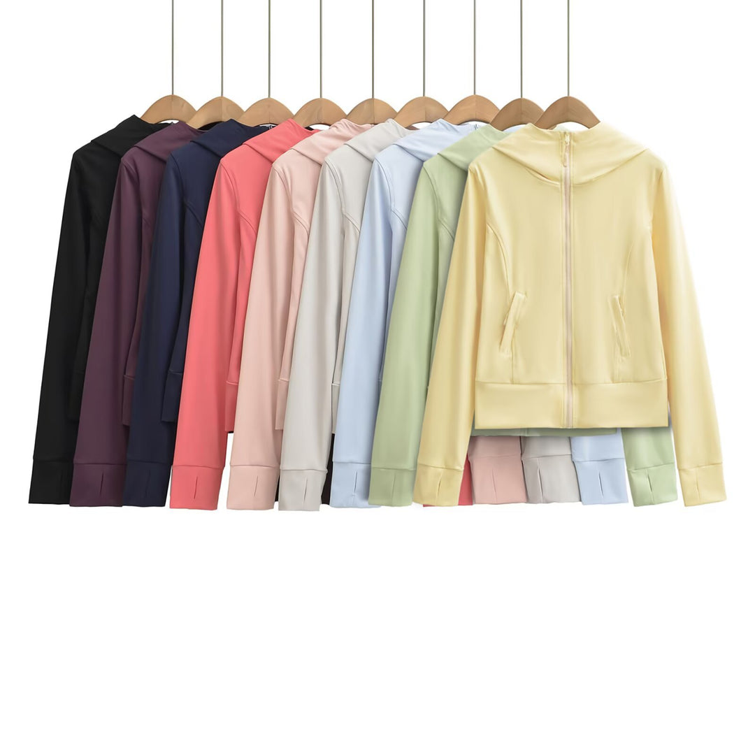 Damen Kapuzen-Sportjacke mit durchgehendem Reißverschluss, taillierter Passform und integrierten Reißverschlusstaschen Shop Nory