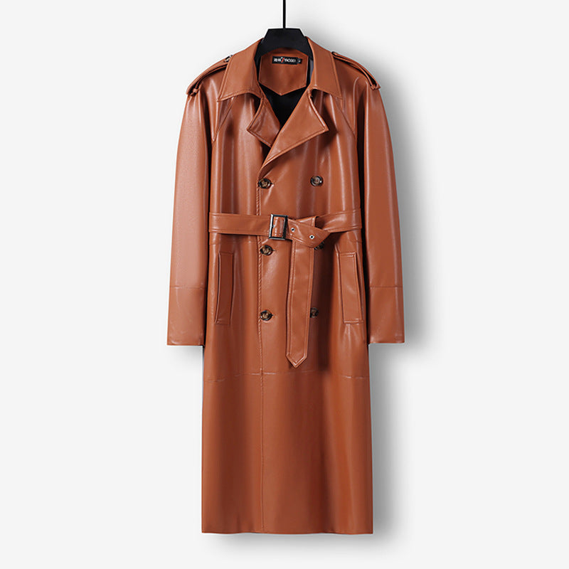 Herren Langer Kunstleder-Trenchcoat mit Doppelreiher, Taillengürtel und Schulterklappen Shop Nory