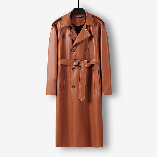 Herren Langer Kunstleder-Trenchcoat mit Doppelreiher, Taillengürtel und Schulterklappen Shop Nory