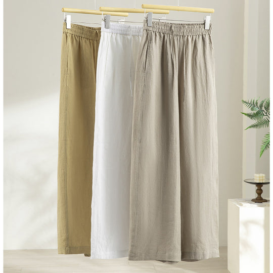 Damen Weite Leinenoptik-Hose mit hohem Elastikbund und fließender Weitbein-Silhouette Shop Nory