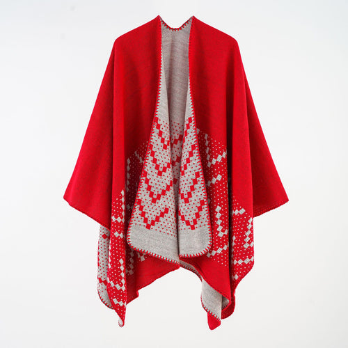 Damen Wendbarer Strickponcho mit Jacquardmuster und Zierkettelnaht Shop Nory