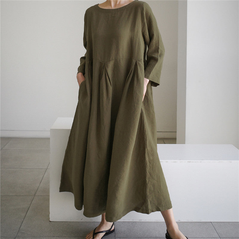 Damen Maxi-Kleid aus Leinen mit Teilnaht, sanften Faltenfall und Langarm Shop Nory