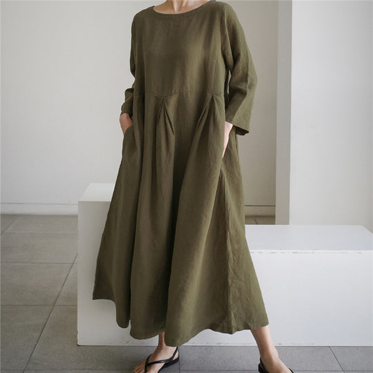 Damen Maxi-Kleid aus Leinen mit Teilnaht, sanften Faltenfall und Langarm Shop Nory