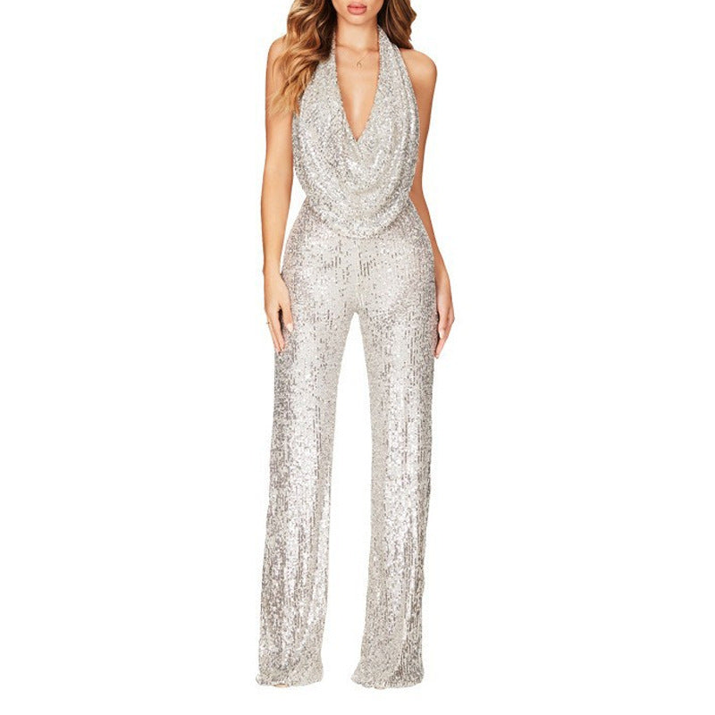 Damen Glitzerndes Jumpsuit mit tiefem V-Ausschnitt und weitem Bein