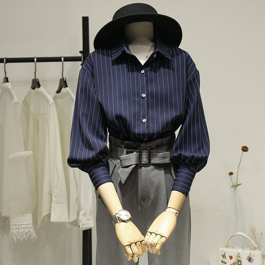 Damen Modische Bluse mit weitem Ärmel und Streifen Shop Nory