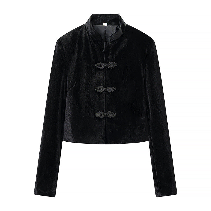 Damen Cropped Jacke im Mandarinstil mit Stehkragen und Zierknotenverschlüssen Shop Nory
