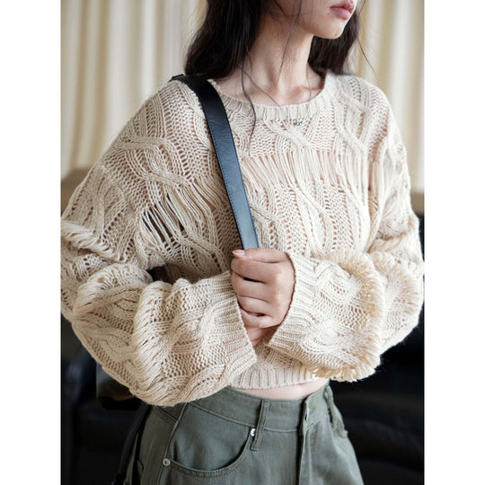 Damen kurzer Oversize Strickpullover mit Ajour‑Muster und Fransen Shop Nory