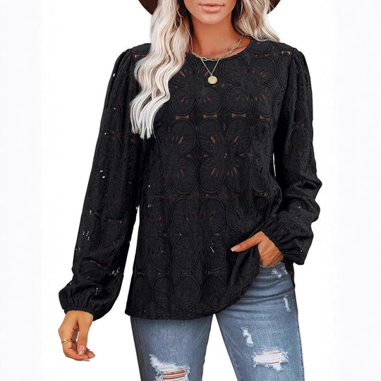 Damen Spitzenbluse mit floraler Häkelstickerei, Rundhals und langen Ballonärmeln Shop Nory
