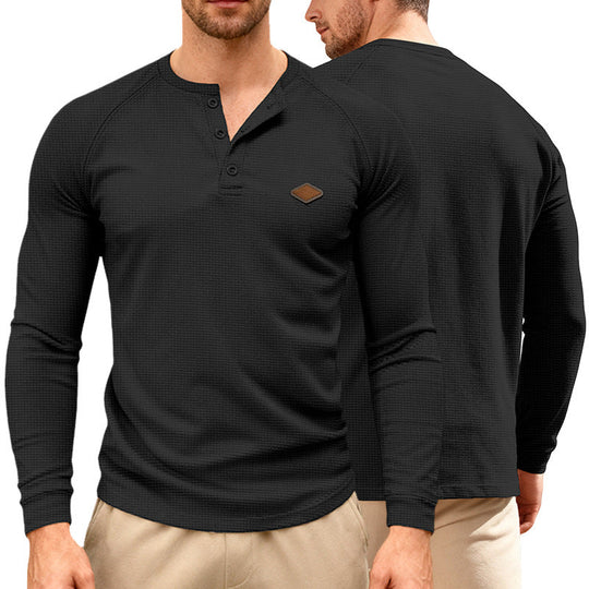 Herren nan Waffelstrick-Henley Langarmshirt mit Raglanärmeln, Halbknopfleiste und Lederlabel Shopnory